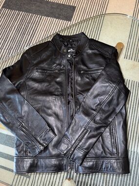NWOT Men's Black Leather Bomber Jacket - Classic Zip Front